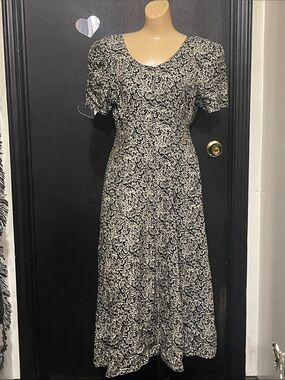 Vintage D.B.Y. Black and Cream Floral Midi/Maxi Dress (7) See Pics For Exact